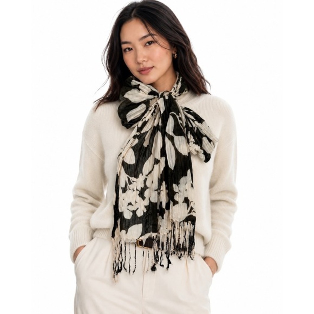 Gap Floral Crinkle Scarf Olive Green Cream Botanical Fringe Cotton Blend‎ 92-26